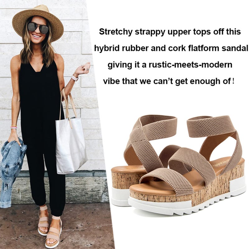 Athlefit Women's Casual Cork Platform Wedge Sandals Open Toe Elastic Ankle Strap Flatform Sandals for Summer, Khaki, Size 6, AD00102 - Image 2